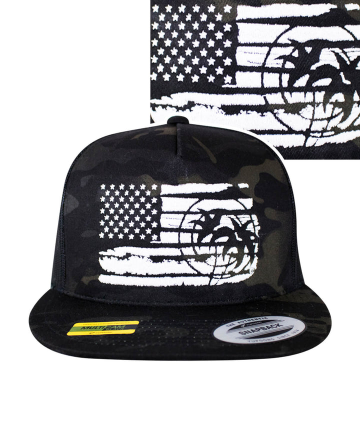 Strong Faded Trucker Hat featuring camouflage design and embroidered flag with palm logo, perfect for casual wear.