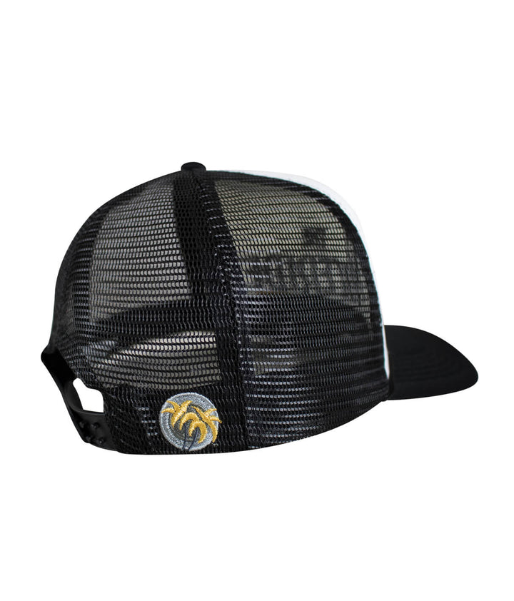 Back view of the Godfather Foam Trucker Hat featuring classic palm logo and a mesh design.