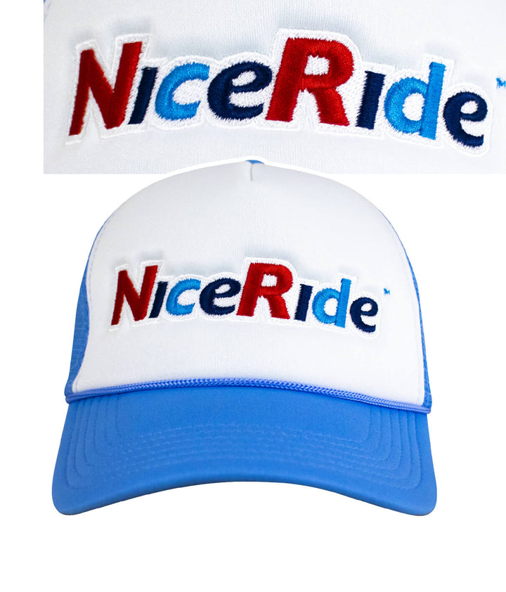 Smile foam trucker hat featuring NICERIDE embroidered in bold colors on the front.