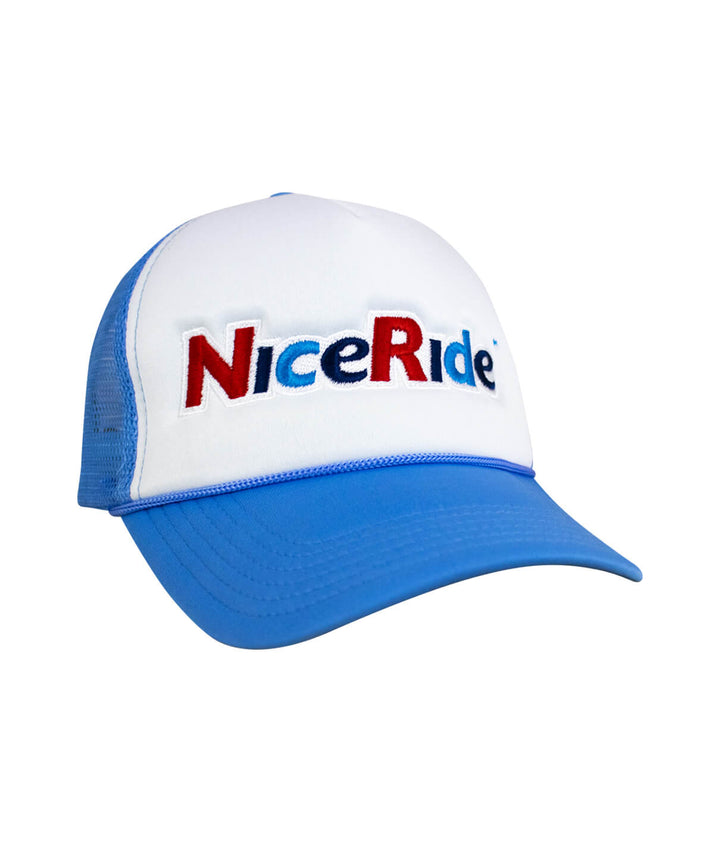 Smile Foam Trucker Hat featuring embroidered NiceRide logo on the front, designed for comfort and style.