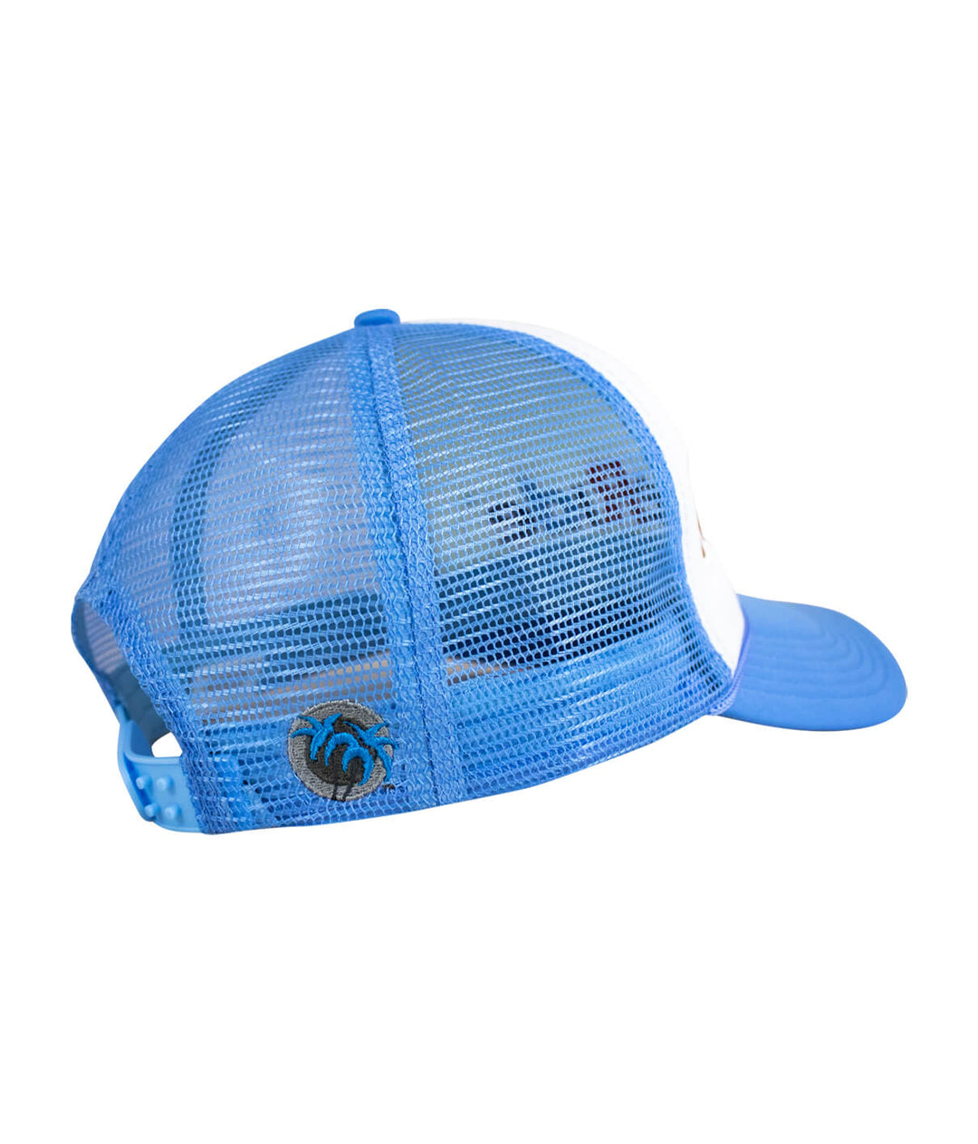 Smile Foam Trucker Hat with blue mesh back and NICERIDE pill embroidery on the side.