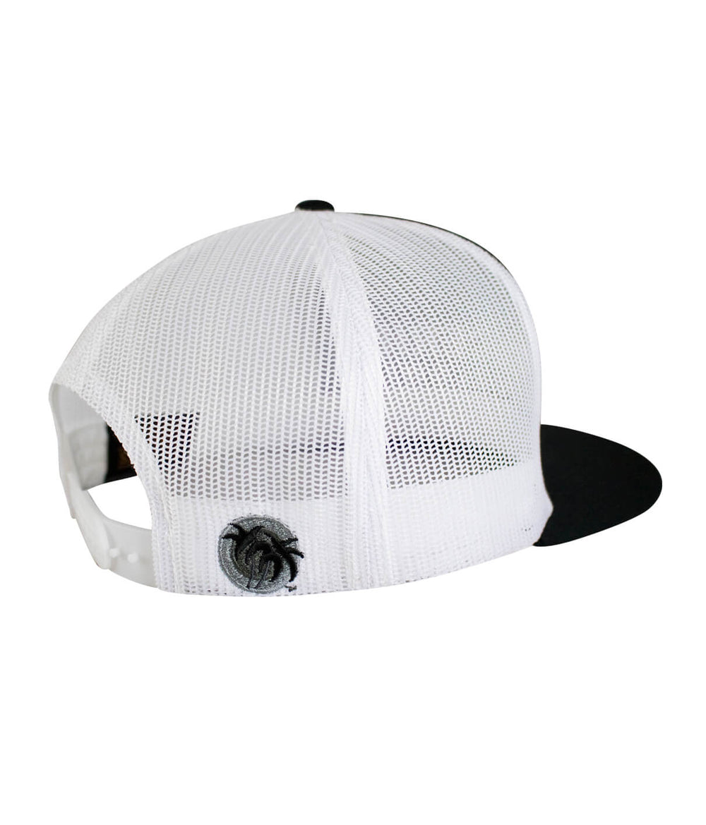 Back view of the Prestige Trucker Black Hat showcasing the palm logo and classic snapback styling.