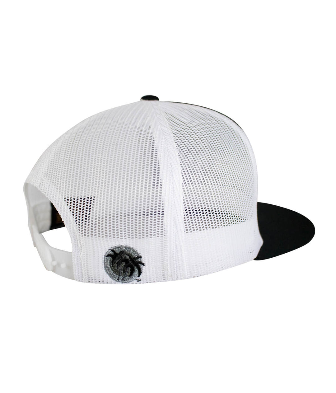Back view of the Prestige Trucker Black Hat showcasing the palm logo and classic snapback styling.