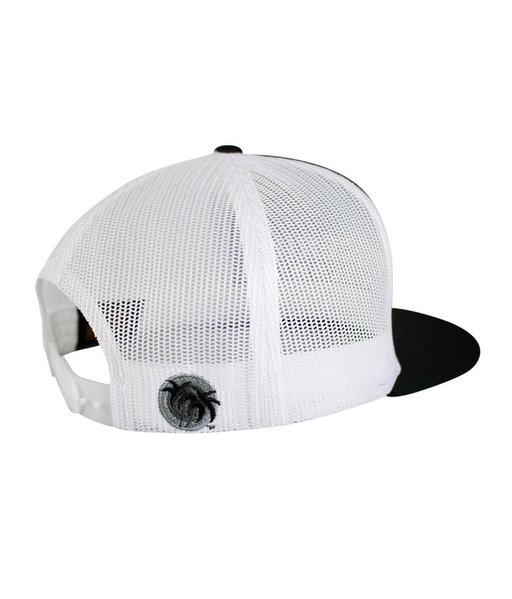 Back view of the Prestige Trucker Black Hat showcasing the palm logo and classic snapback styling.