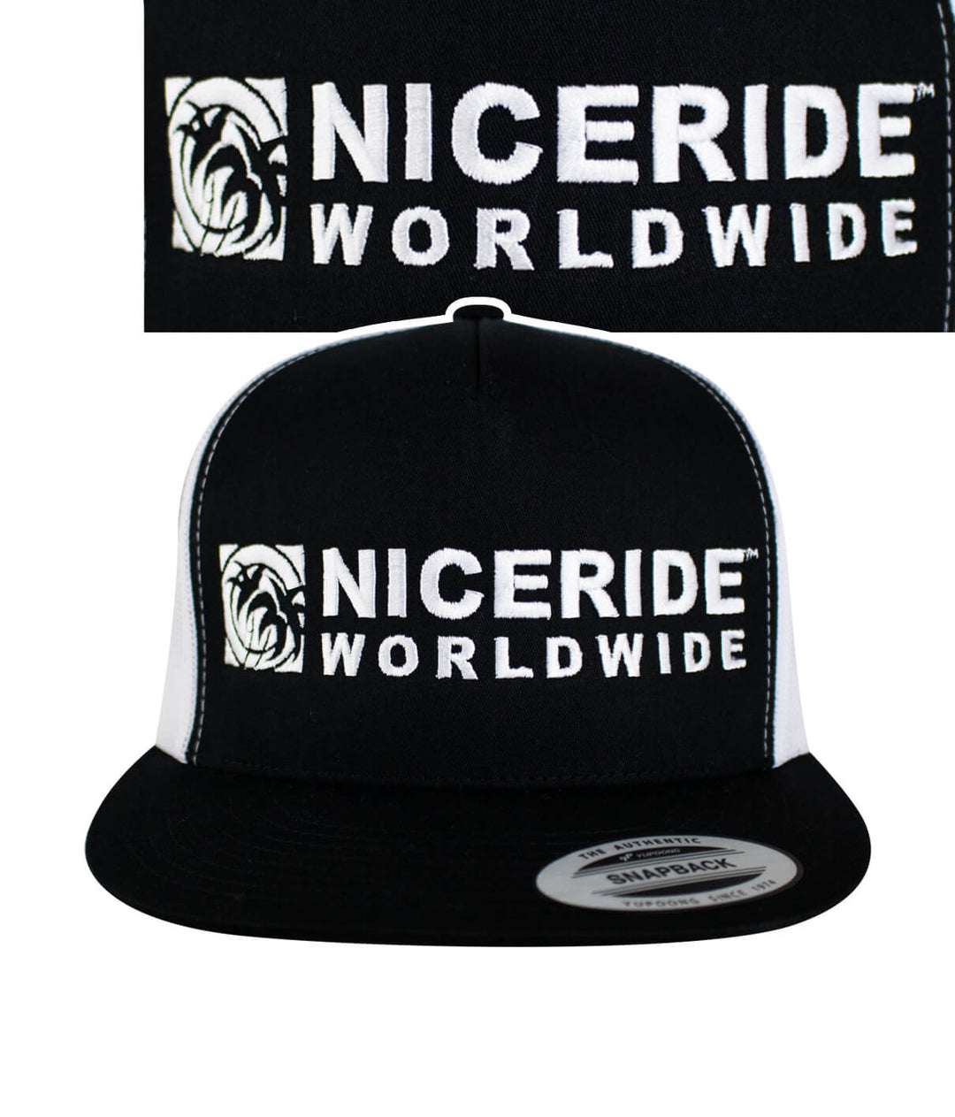 Black snapback hat featuring NICERIDE's "WORLDWIDE" logo design, ideal stylish hat for any occasion.