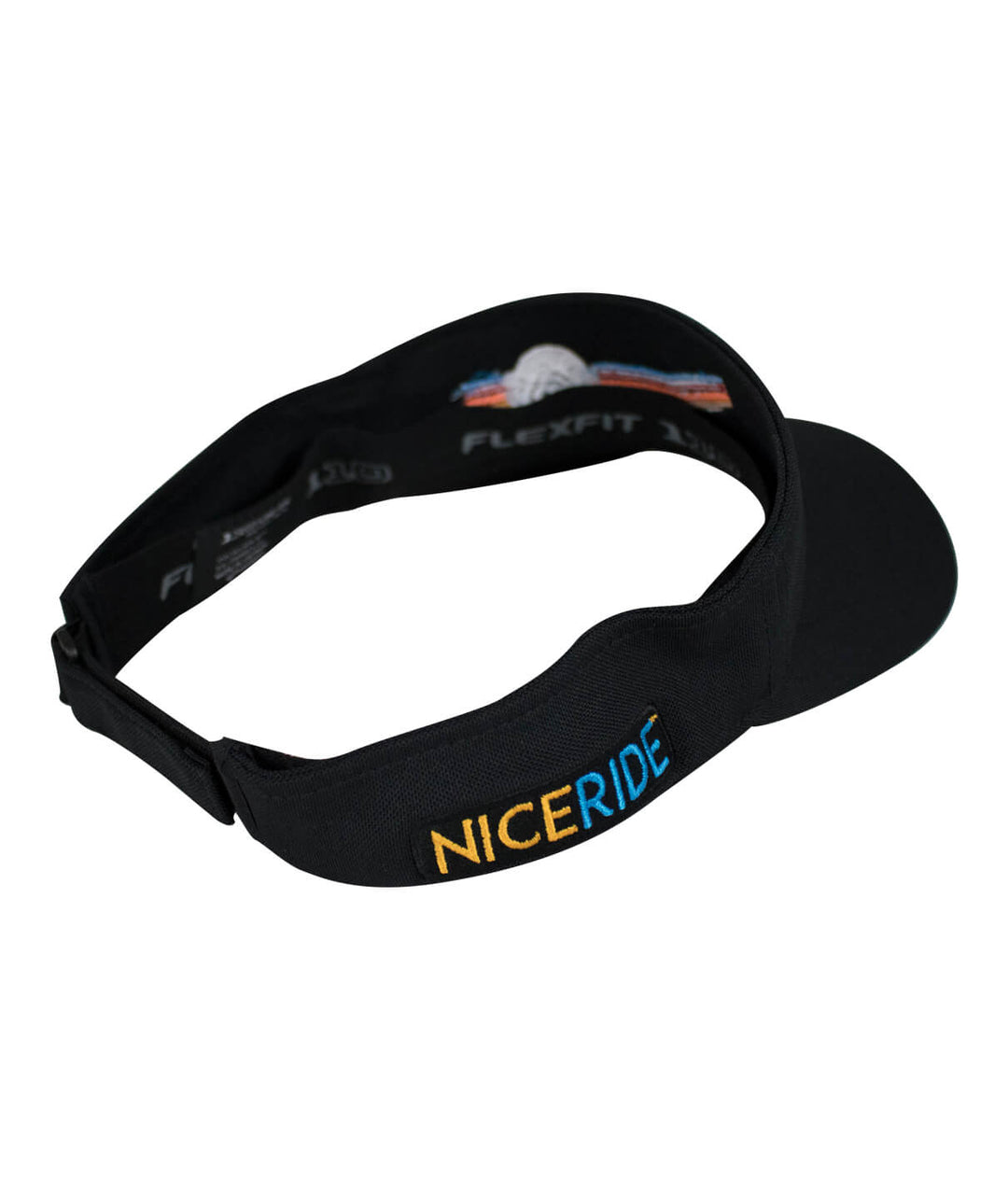 Black NICERIDE visor with adjustable closure and embroidered design, perfect for outdoor activities.