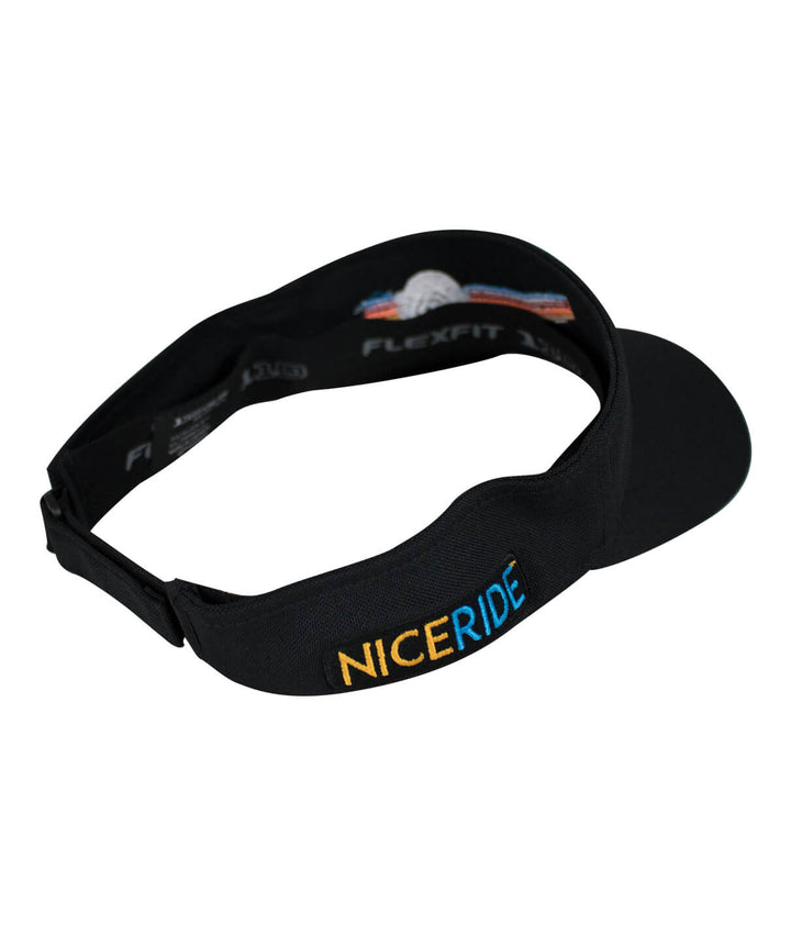 Black NICERIDE visor with adjustable closure and embroidered design, perfect for outdoor activities.