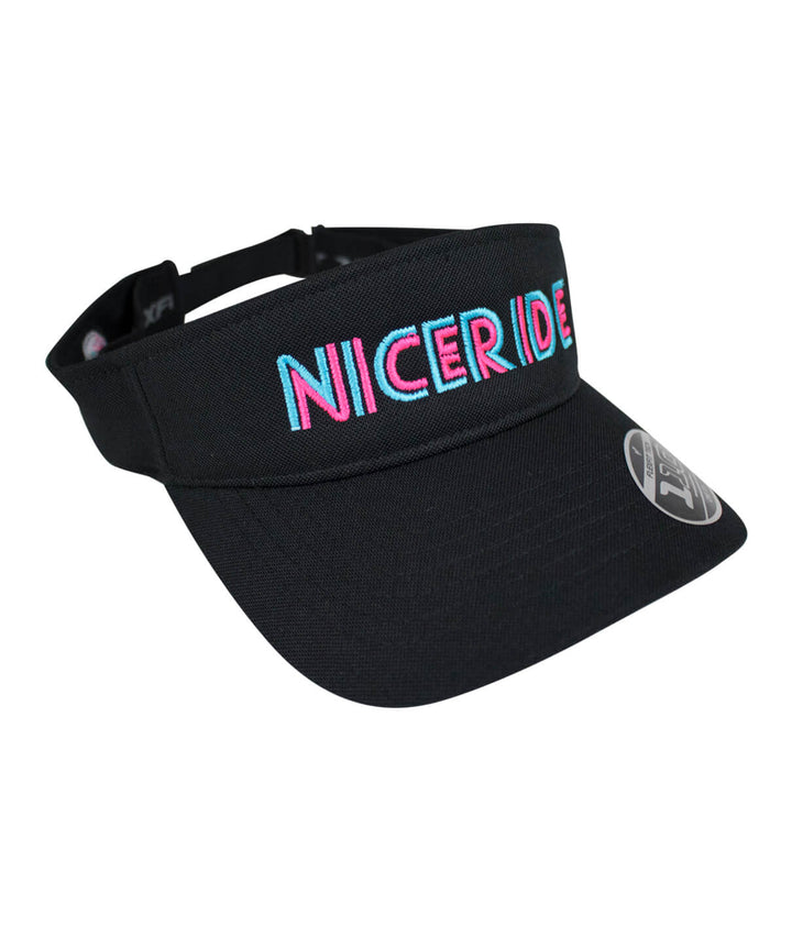 Black visor hat featuring NICERIDE design, moisture-wicking fabric, and adjustable closure.