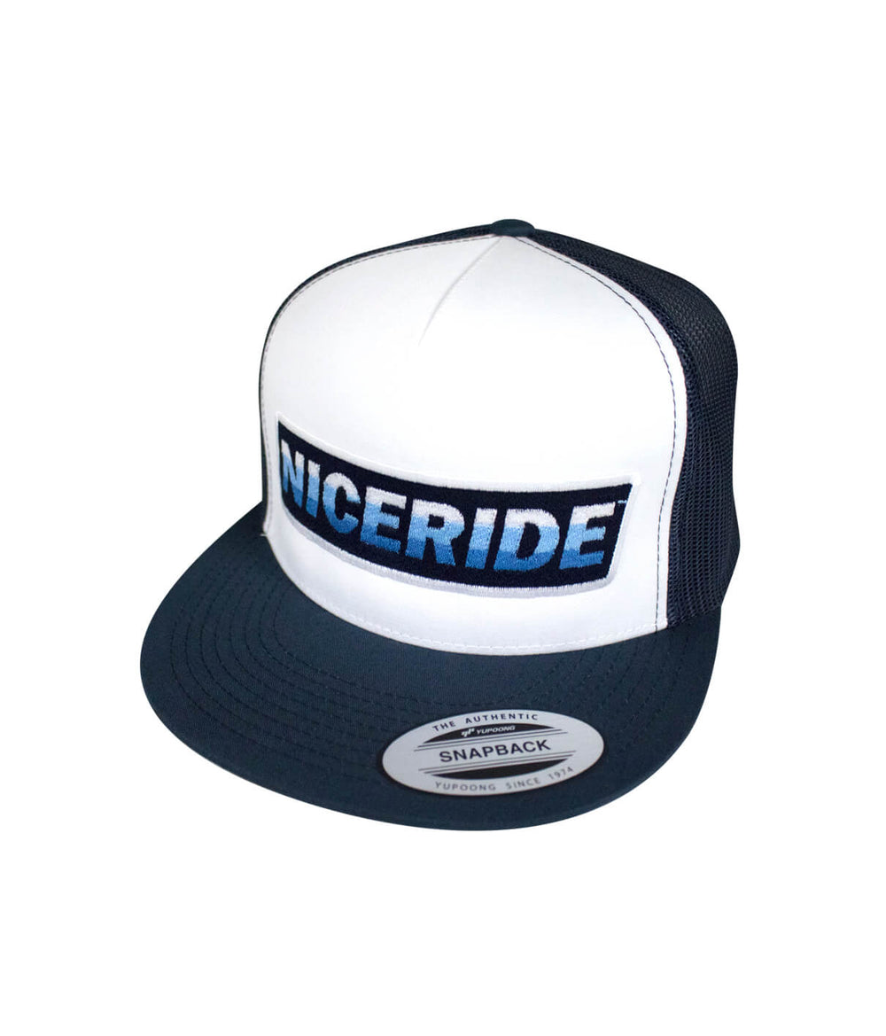 AM-PM Trucker Hat featuring NICERIDE design, a stylish snapback hat perfect for casual wear.