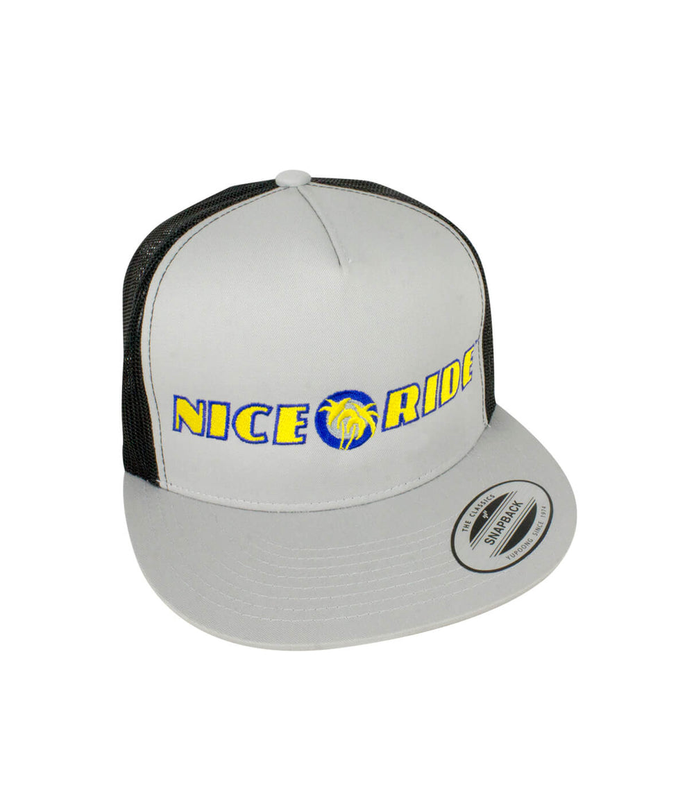 Zephir Trucker Hat by NICERIDE, grey snapback baseball hat with embroidered design and classic palm.