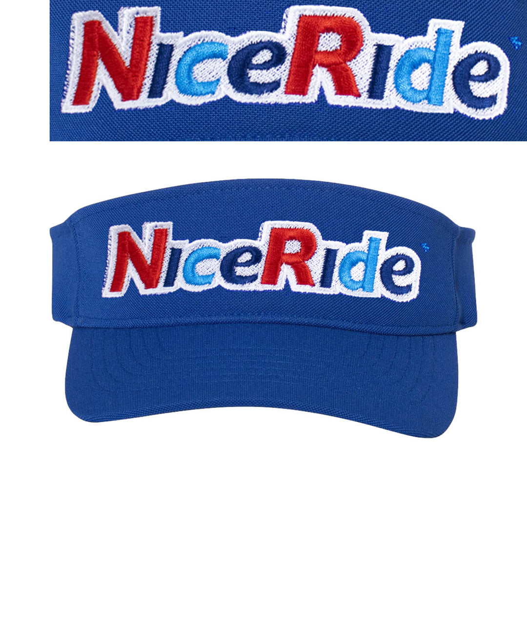 Blue visor hat with NICERIDE embroidered logo in red, white, and blue colors, designed for comfort and style.