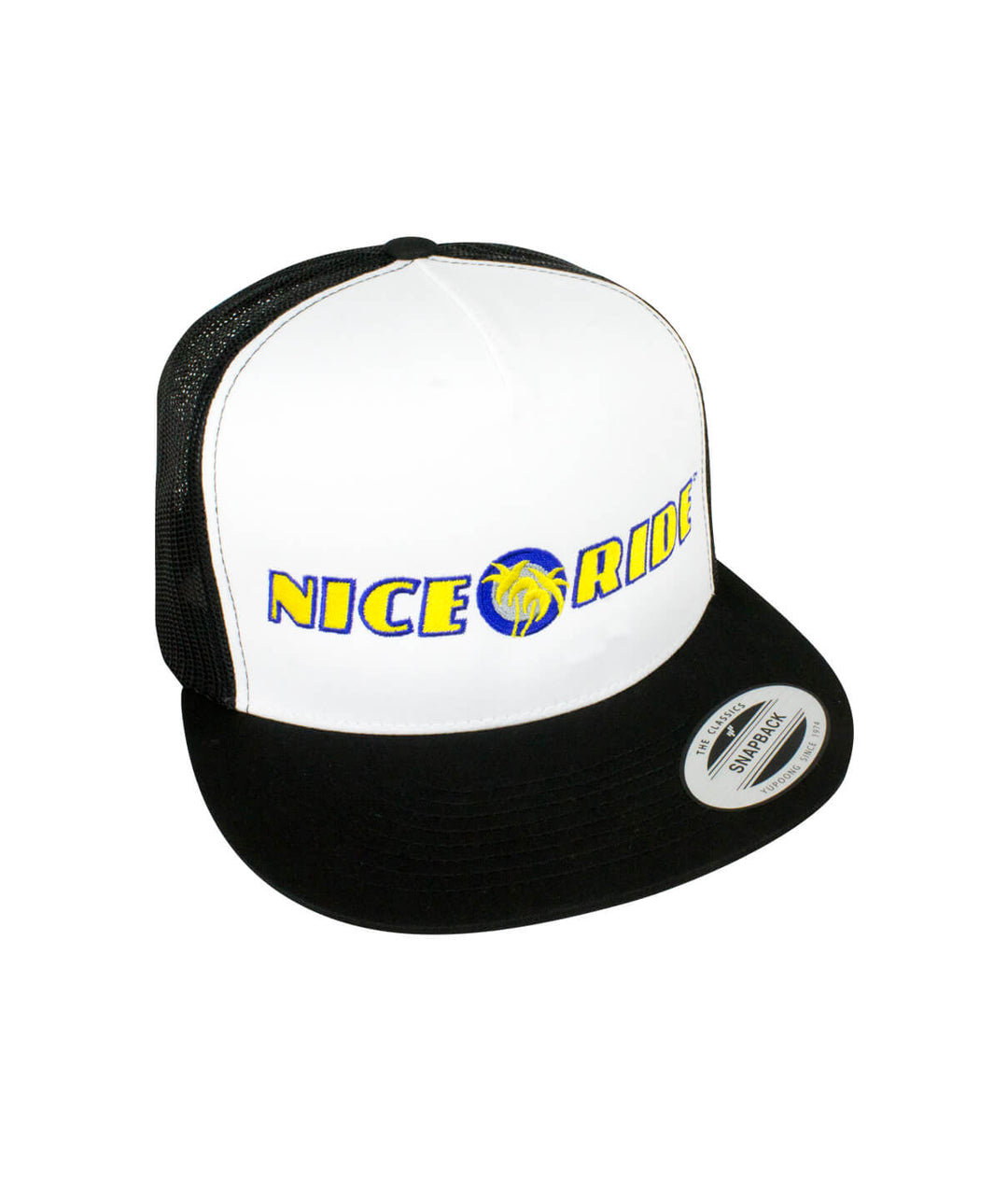 Zephir trucker hat featuring NICERIDE design, classic snapback style with embroidered graphics, perfect hat for casual wear.