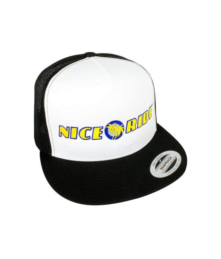 Zephir trucker hat featuring NICERIDE design, classic snapback style with embroidered graphics, perfect hat for casual wear.