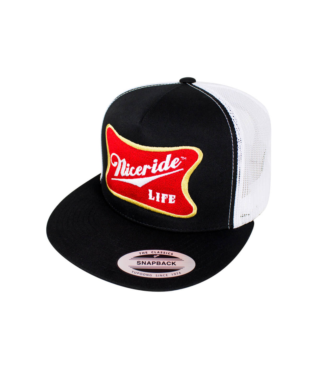 Biscuit Trucker Hat featuring NICERIDE design, snapback style, black and white color, baseball cap look.