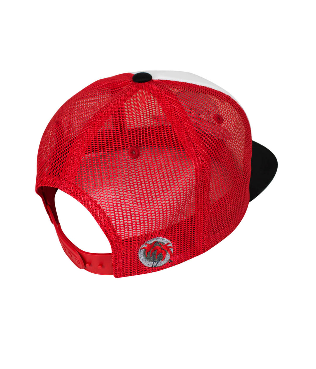 Back view of a "Hang 20" Flat Bill Foam Trucker Hat featuring a red mesh and black brim, showcasing the palm logo.