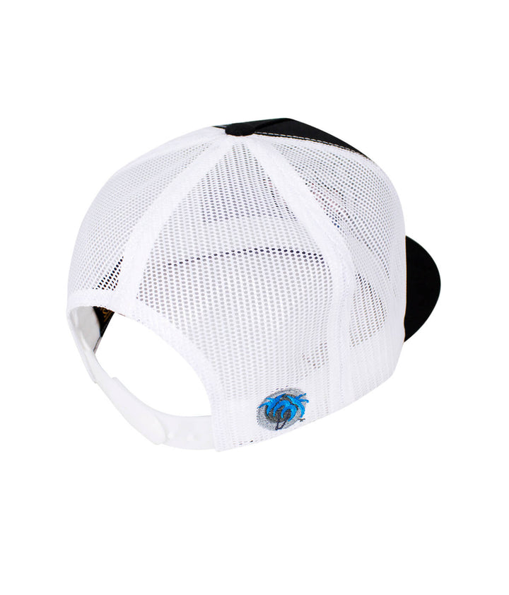 Back view of the "Choo Choo" trucker hat showing mesh design and blue palm logo on the side.