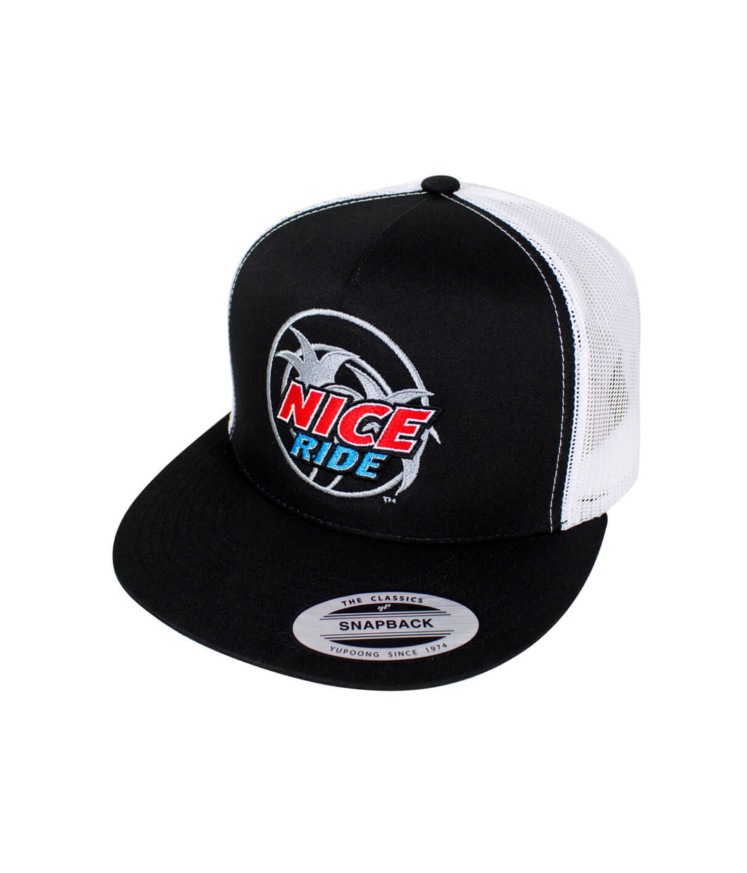 Choo Choo Trucker Hat featuring NICERIDE logo, a classic black snapback hat.