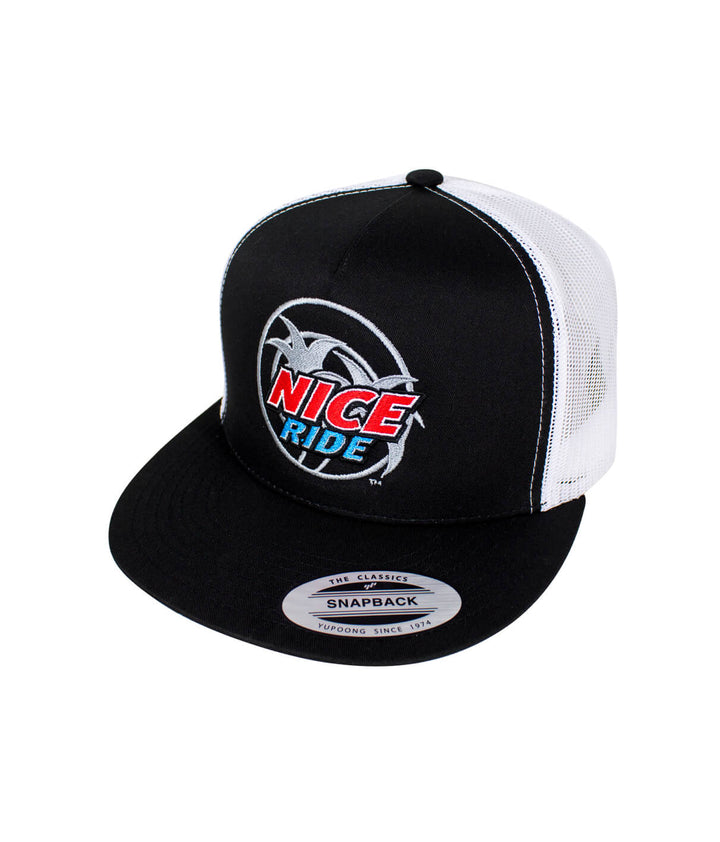 Choo Choo Trucker Hat featuring NICERIDE logo, a classic black snapback hat.