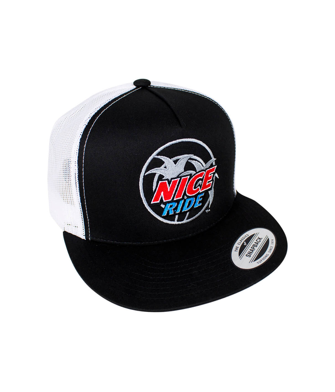 Choo Choo Trucker Hat featuring NICERIDE logo and palm design, perfect hat for casual wear.
