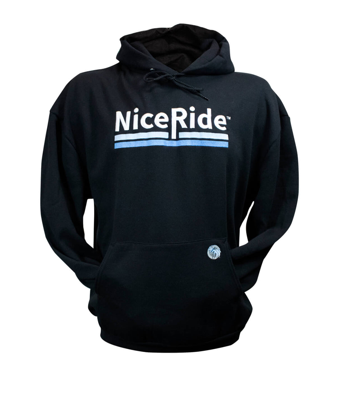 Black pullover hoodie with NICERIDE design and classic palm logo for men and women hoodie.