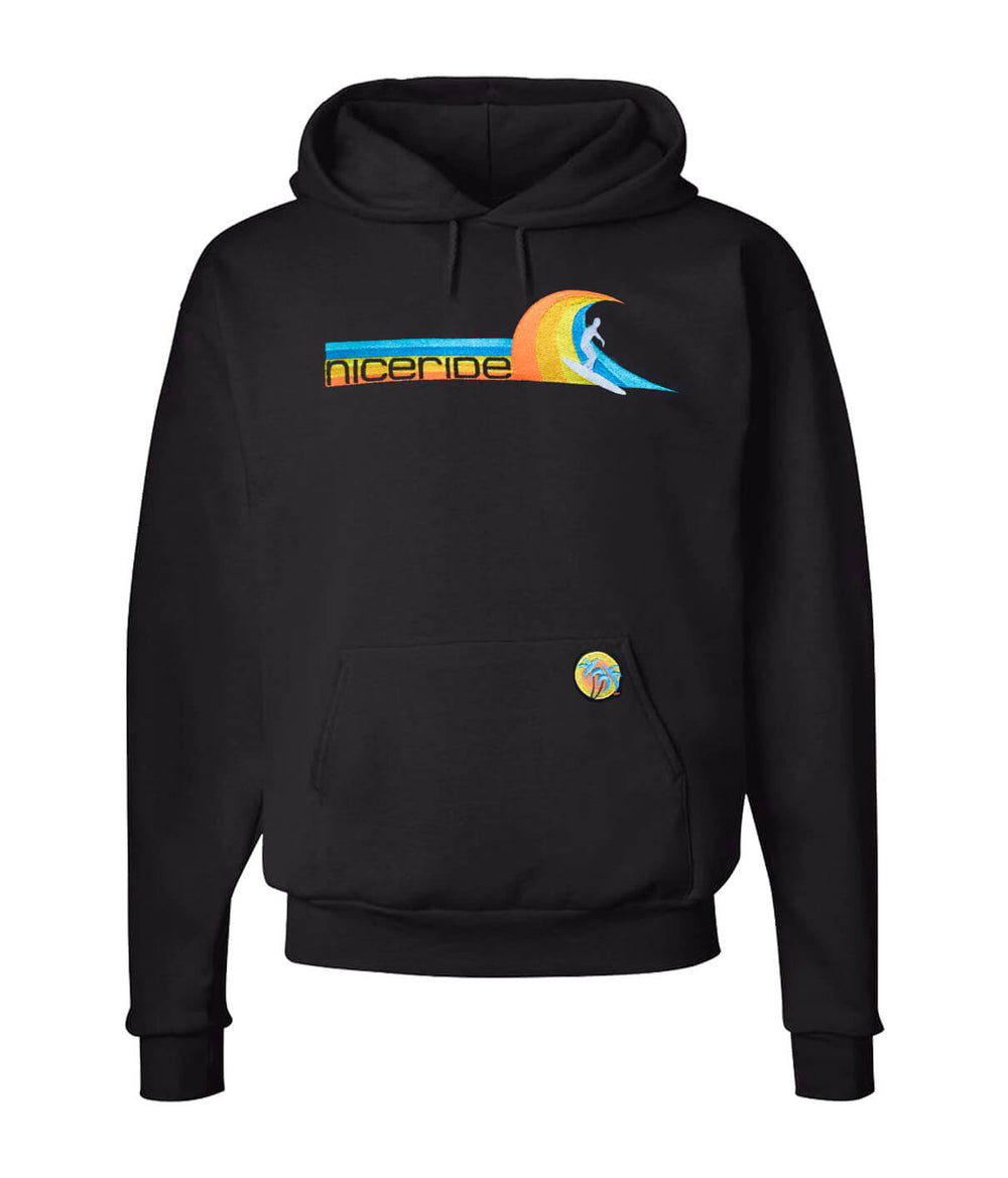 Tasty Waves black hoodie with NICERIDE design and palm logo, stylish pullover for men and women.