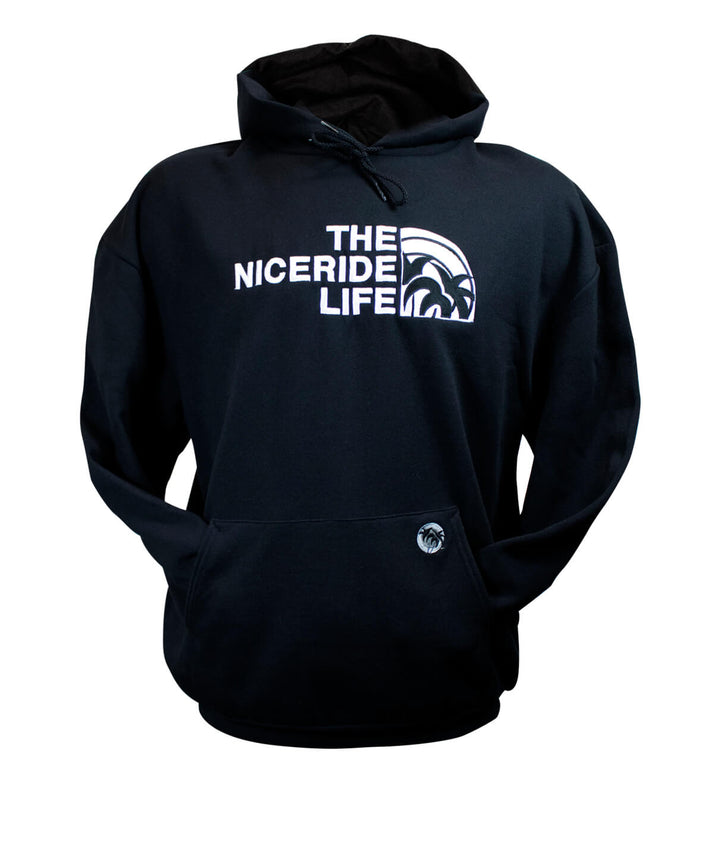 Unisex black hoodie featuring NICERIDE logo, perfect for adults and teens, ideal for beach days or lounging.