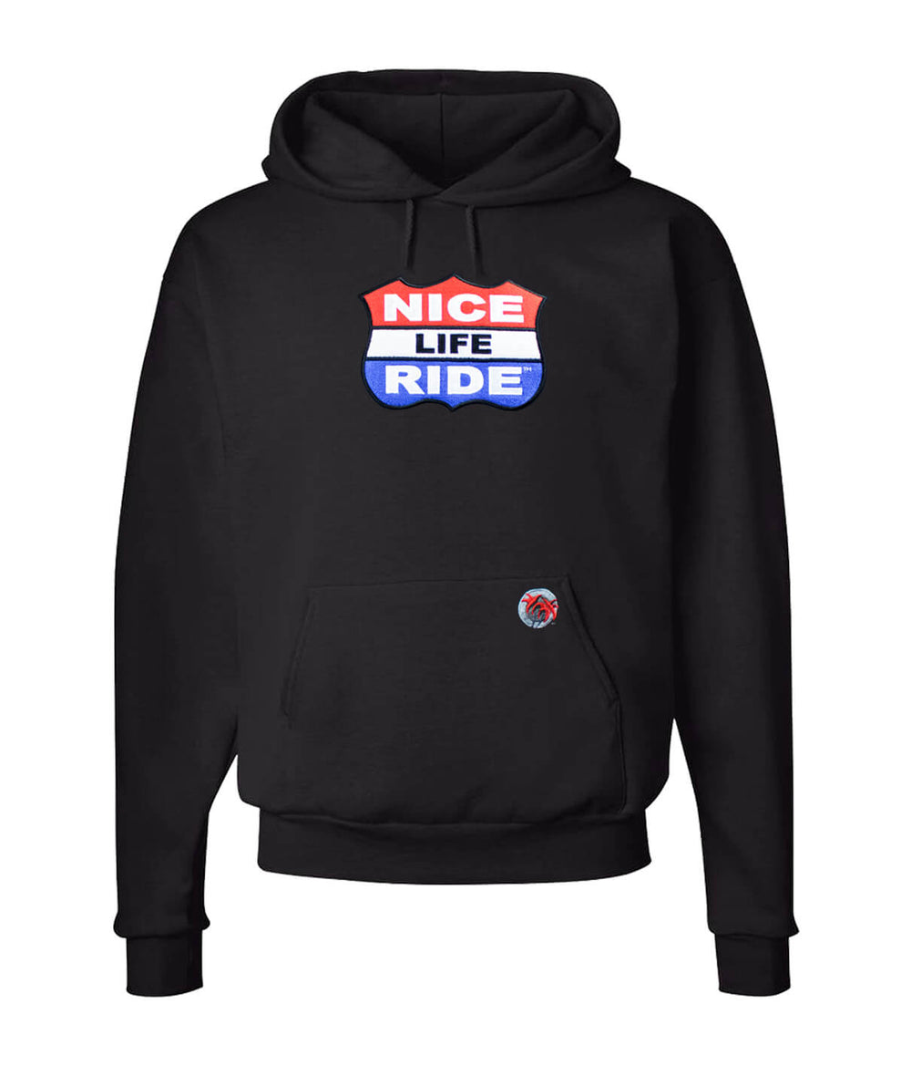 Black pullover hoodie featuring NICERIDE's "Prime" design and classic palm logo on the front pocket.
