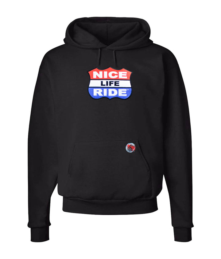 Black pullover hoodie featuring NICERIDE&