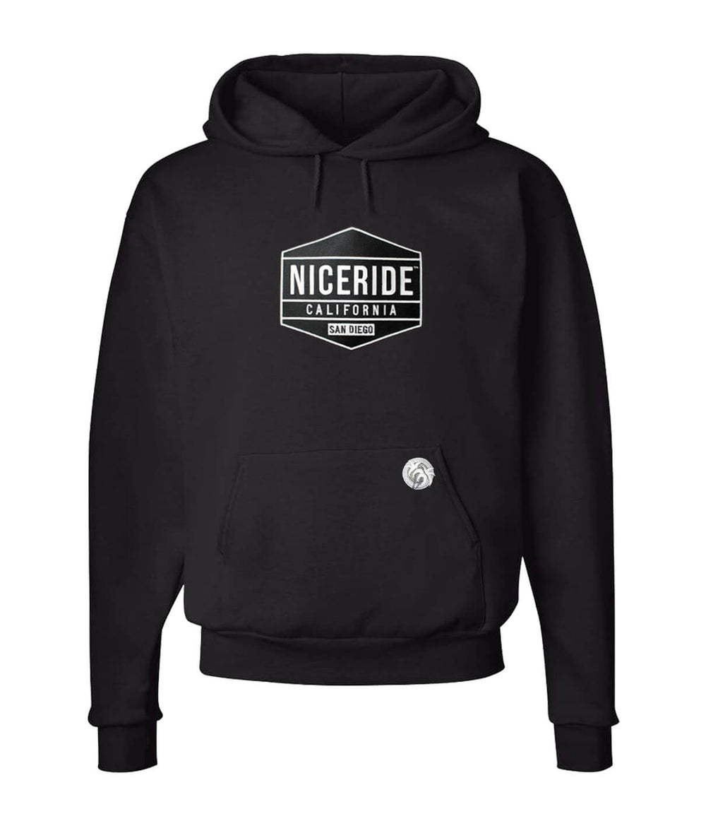 Good Times black pullover hoodie for men and women with NICERIDE design and logo, comfortable and durable hoodie.