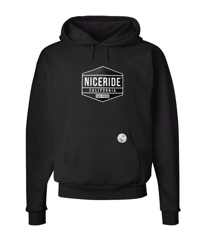 Good Times black pullover hoodie for men and women with NICERIDE design and logo, comfortable and durable hoodie.