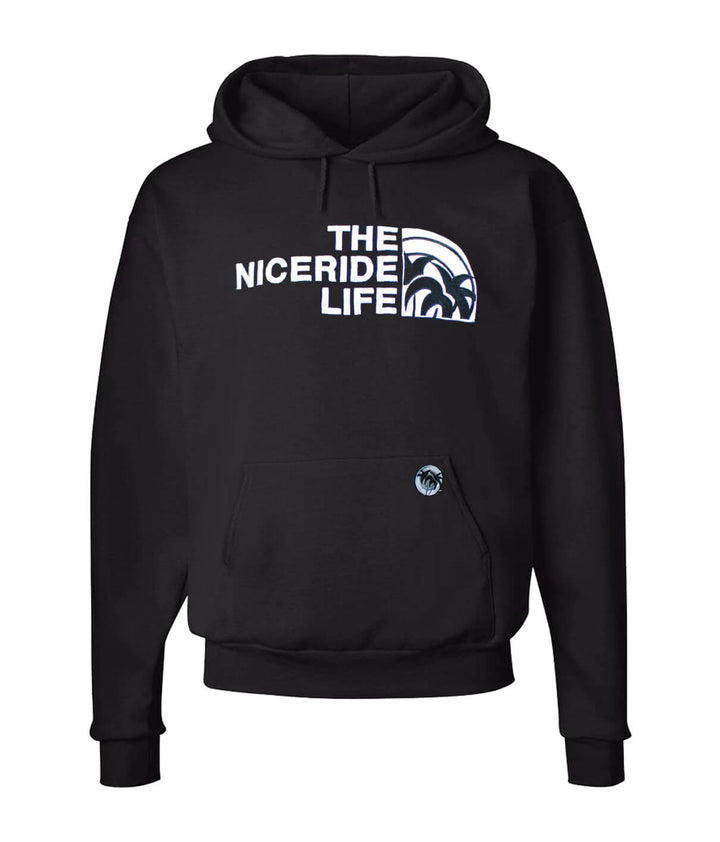 Unisex black hoodie featuring NICERIDE design, perfect for casual wear and comfort.