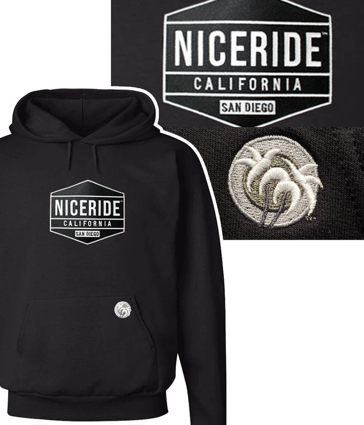 Black pullover hoodie featuring NICERIDE logo and palm emblem, perfect unisex hoodie for casual wear.
