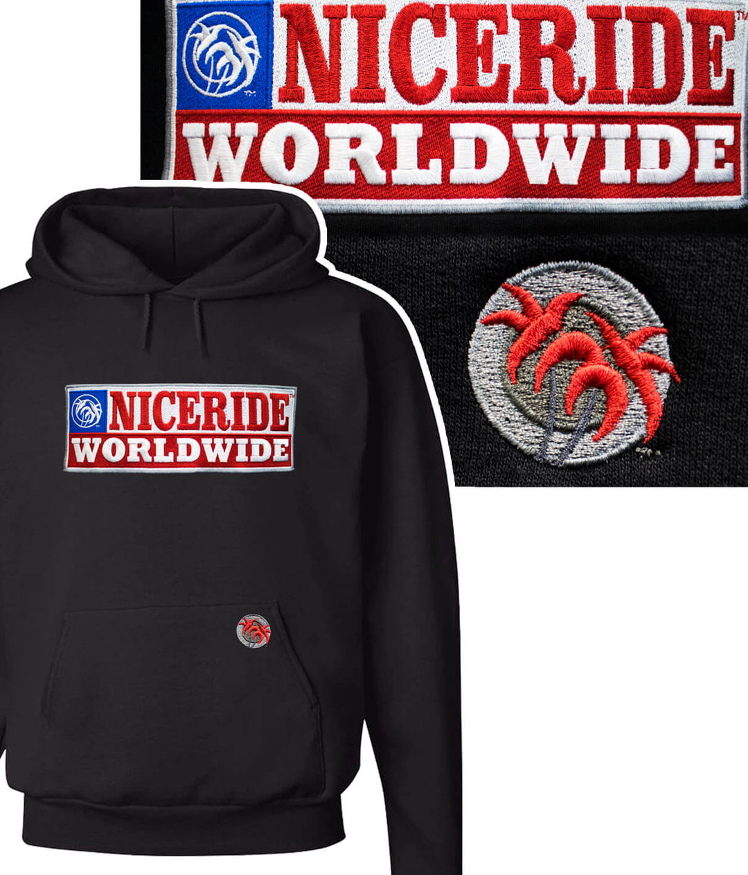 Black pullover hoodie featuring NICERIDE's 'WORLDWIDE' design and palm logo, ideal for casual wear.