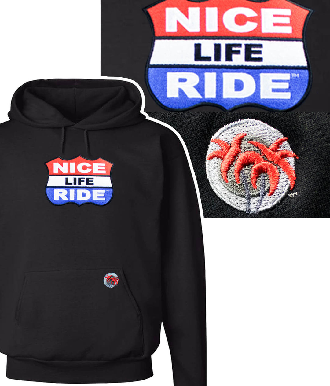 Black unisex hoodie featuring NICE LIFE RIDE embroidered logo and palm design, perfect for stylish comfort.