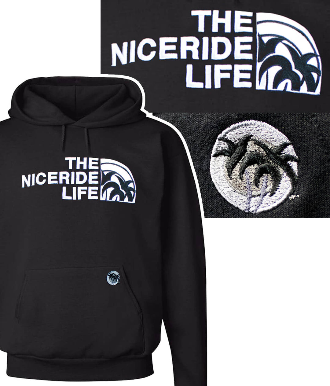 Unisex black hoodie featuring NICERIDE design with palm logo and classic fit, perfect for casual wear.