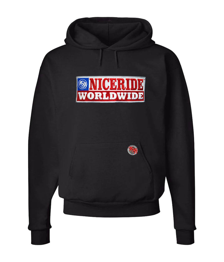 Black unisex pullover hoodie with NICERIDE Worldwide design, perfect for casual wear. Ideal cozy hoodie for all-day comfort.