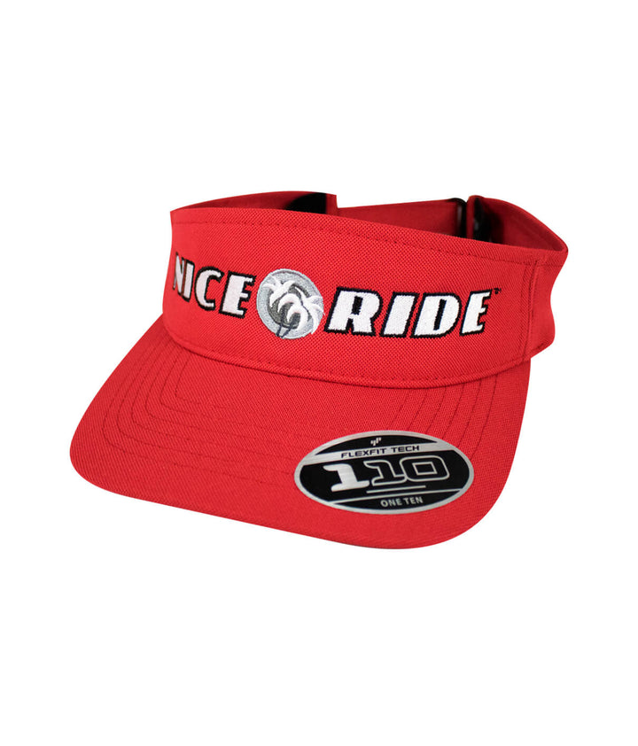 Red visor hat featuring NICE RIDE logo, made with Flexfit® Tech for comfort and style.