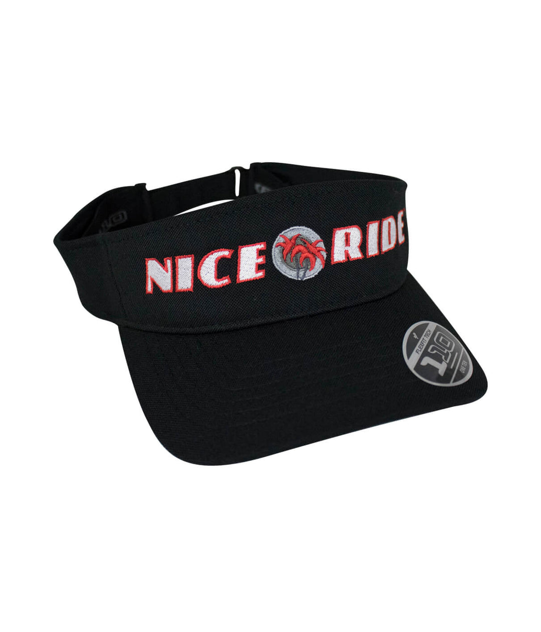 Black visor hat with NICERIDE logo embroidered on the front panel, featuring an adjustable design and moisture-wicking fabric.