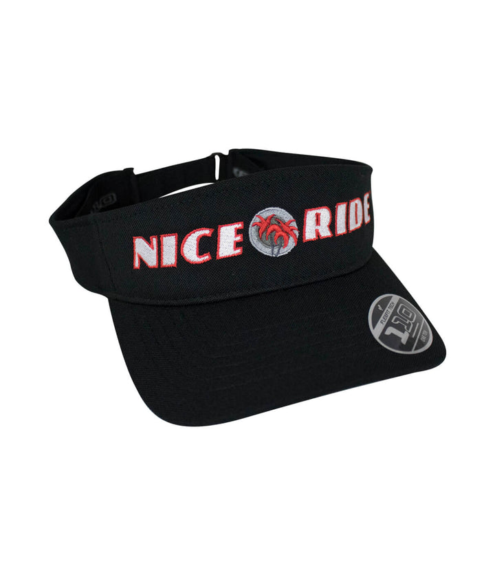 Black visor hat with NICERIDE logo embroidered on the front panel, featuring an adjustable design and moisture-wicking fabric.