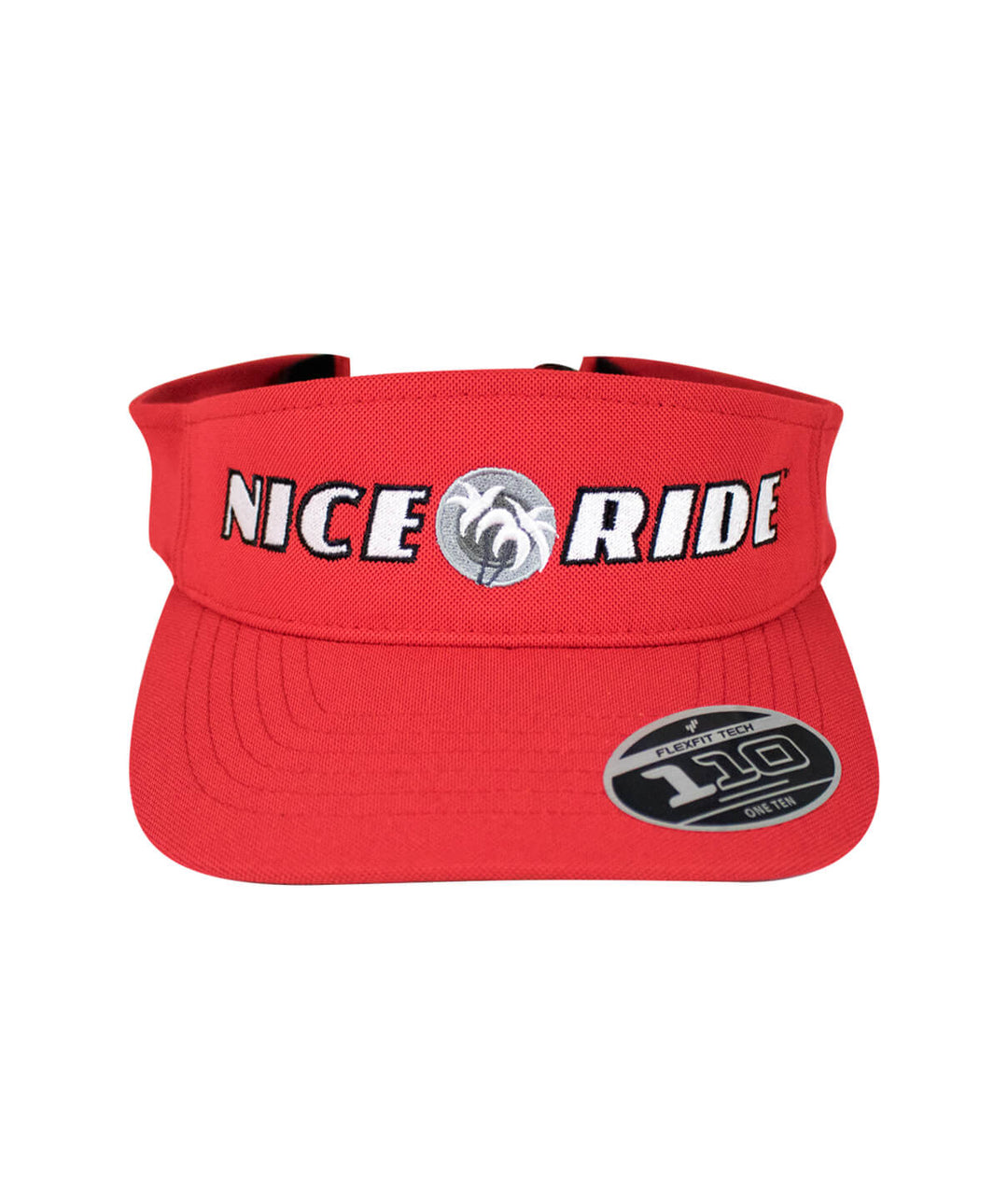 Red visor hat with "NICE RIDE" embroidered on the front, featuring a Permacurv® visor design.