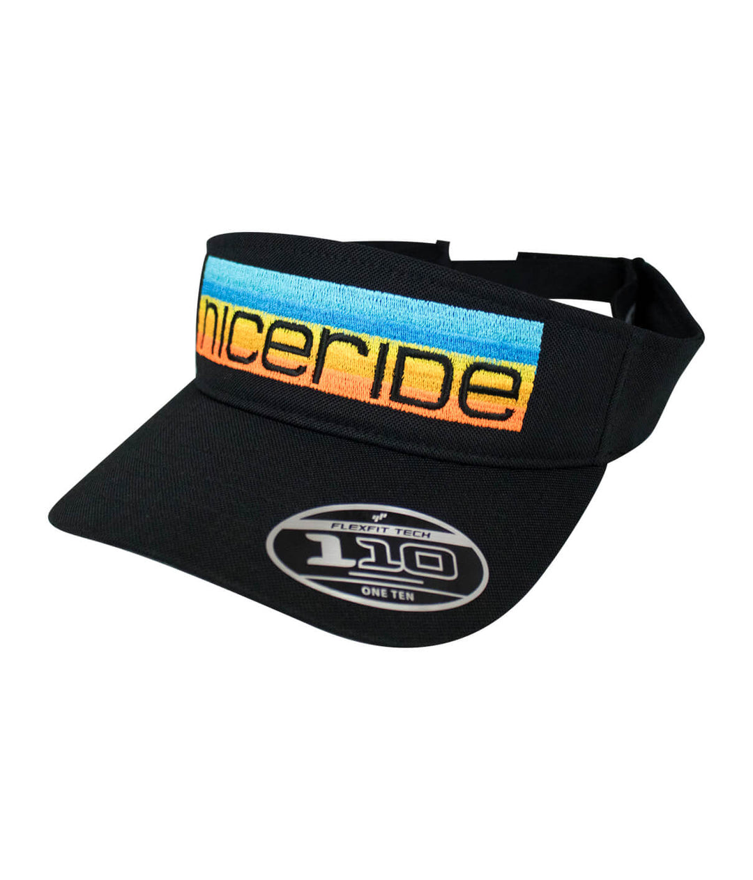 Black visor hat with NICERIDE logo and Tasty Waves design, featuring a moisture-wicking Flexfit® Tech adjustable closure.