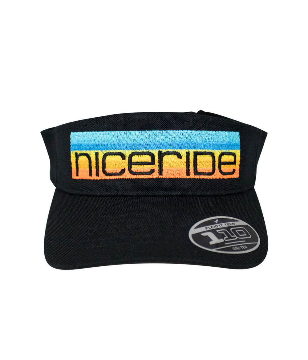 Black visor hat with NICERIDE's "Tasty Waves" design, featuring moisture-wicking fabric and adjustable closure.