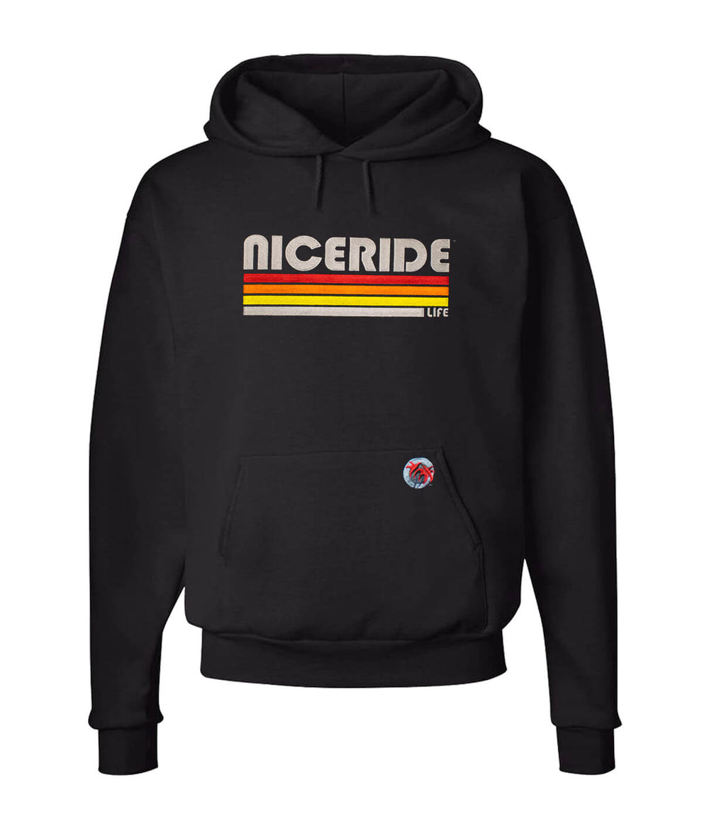 NICERIDE Trigger black unisex pullover hoodie with retro logo and front pocket.