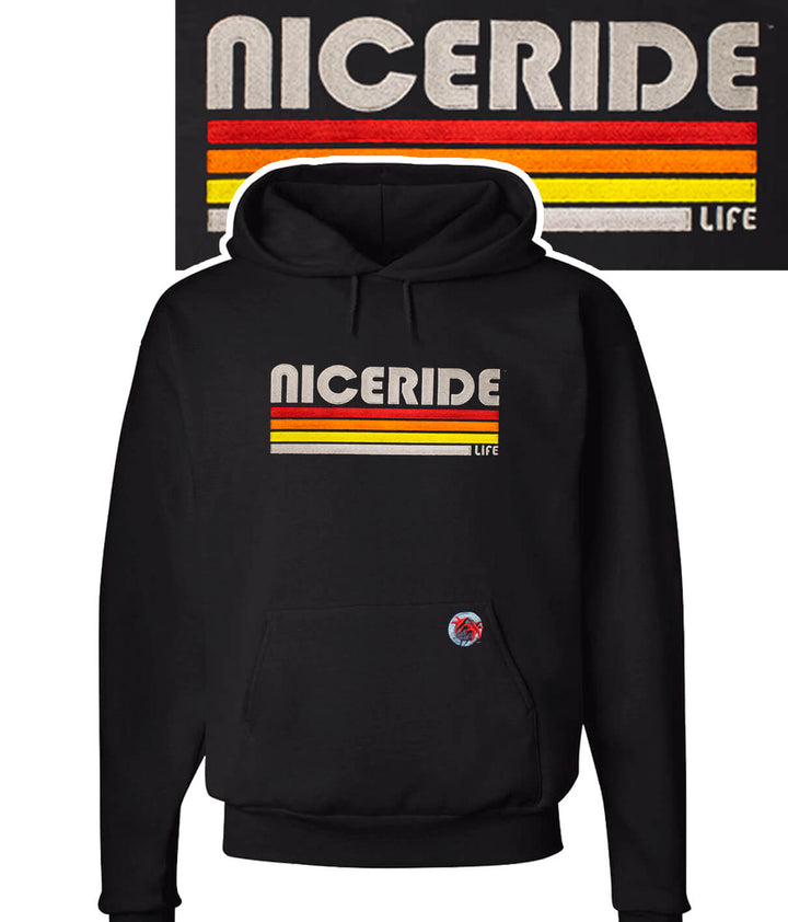 NICERIDE Trigger black unisex pullover hoodie featuring retro logo and front pocket.
