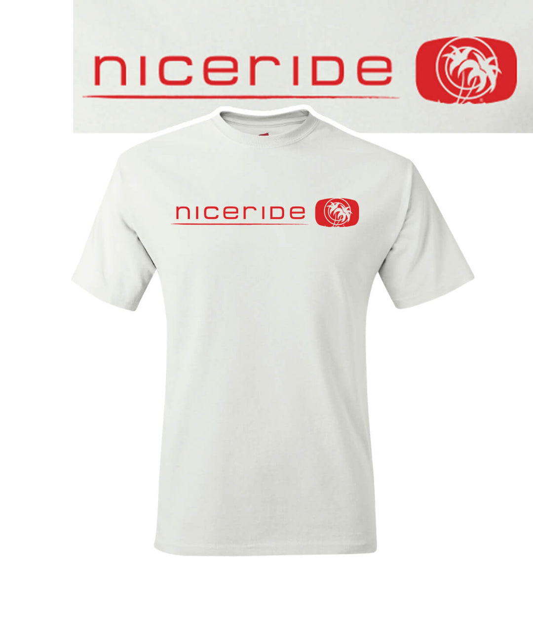 Above The Line shirt featuring NICERIDE logo on a white Men’s Hanes short sleeve cotton blend T-shirt.