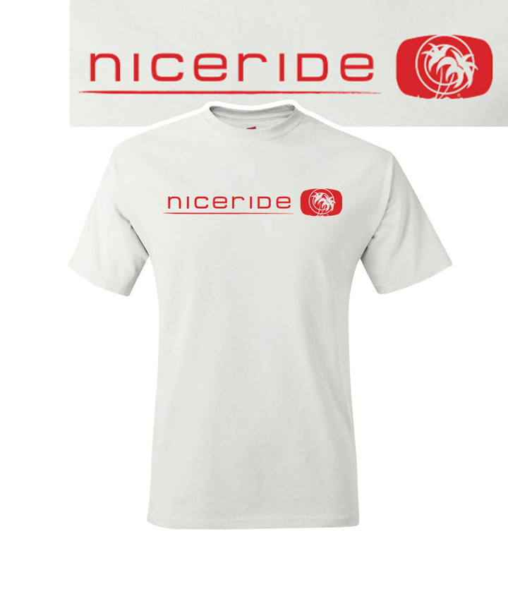 Above The Line shirt featuring NICERIDE logo on a white Men’s Hanes short sleeve cotton blend T-shirt.