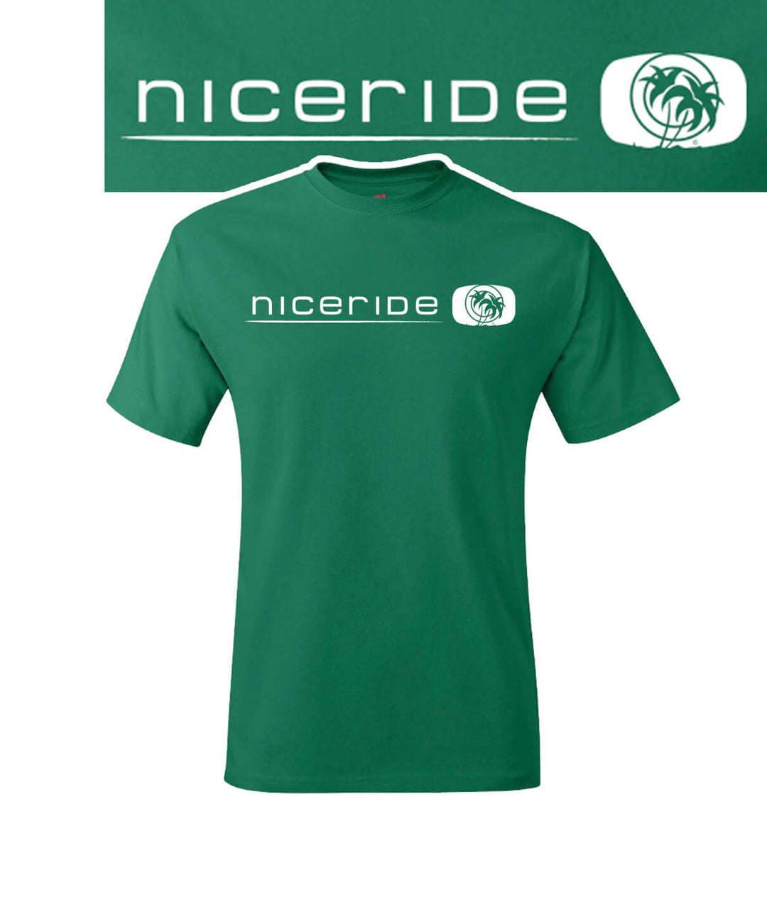Above The Line green men's Hanes cotton blend short sleeve t-shirt with NICERIDE logo printed on front.