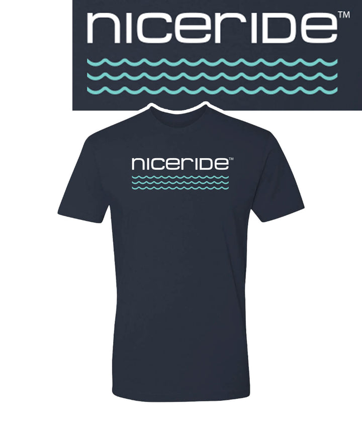 On The Water navy blue t-shirt from NICERIDE featuring white logo and palm design, made of 100% cotton.