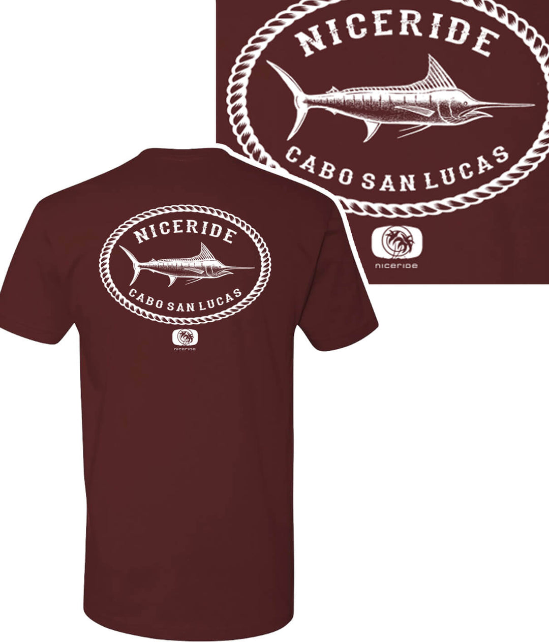 Reeling It In - Hanes Men's 100% Cotton Short Sleeve Shirt with NICERIDE design in maroon color.