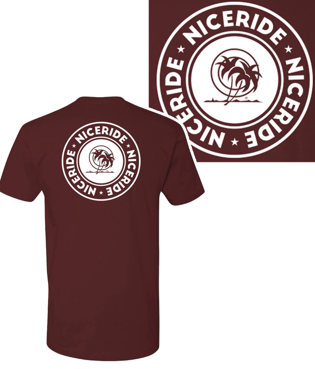 Solid men's 100% cotton shirt in maroon featuring NICERIDE logo printed on back and chest.